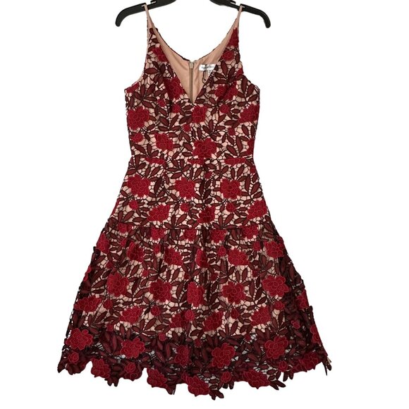 Dress The Population Lily Floral Lace Dress Midi Red & Nude Sz M NWT - Picture 13 of 16